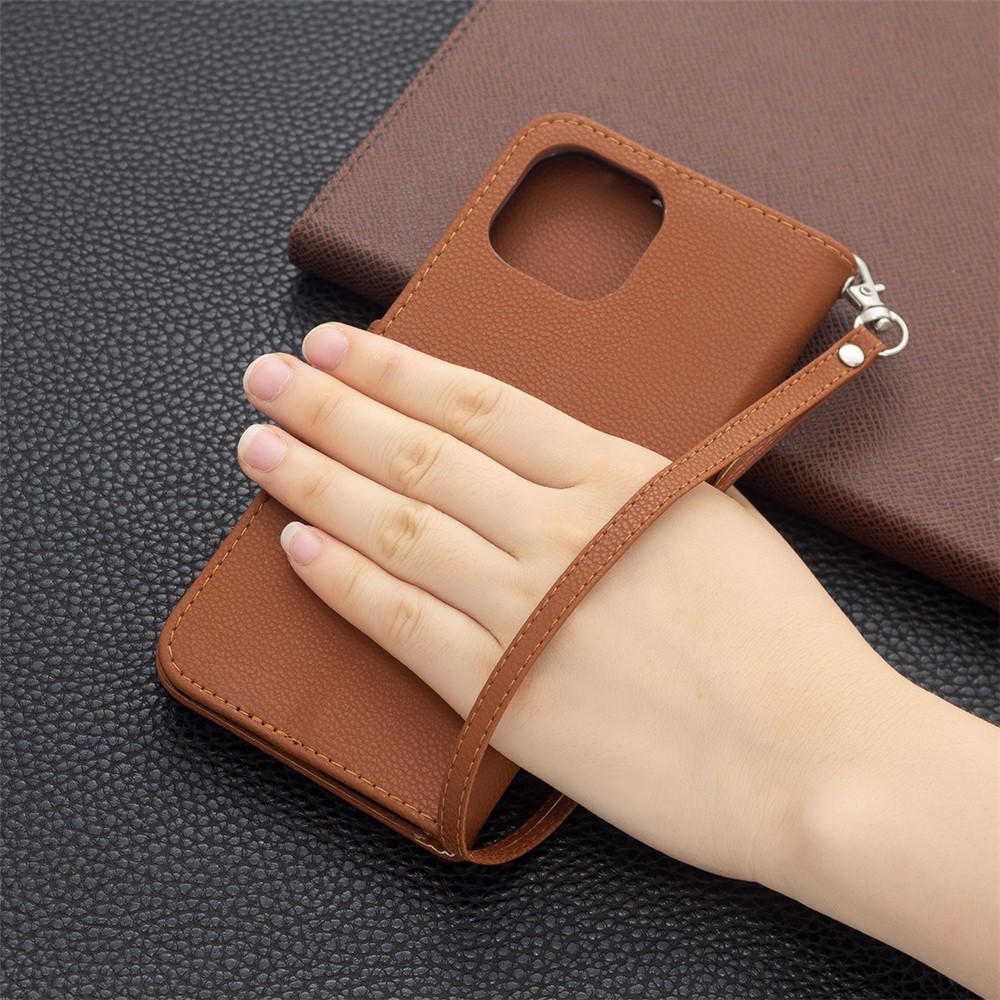 Litchi Texture Wallet Stand Leather Phone Case with Wrist Strap for Xiaomi Mi 11 Lite 4G / 5G - Brown-8