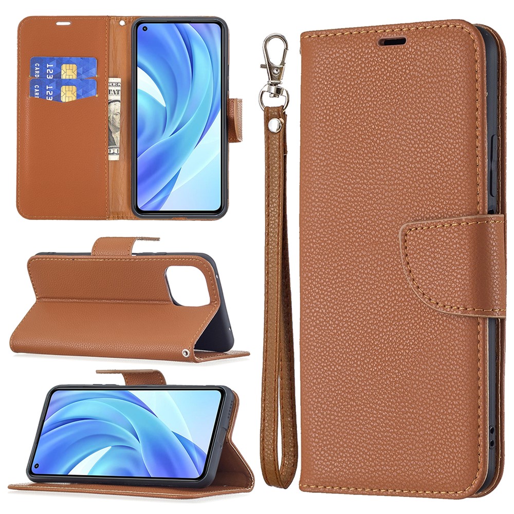 Litchi Texture Wallet Stand Leather Phone Case with Wrist Strap for Xiaomi Mi 11 Lite 4G / 5G - Brown-9