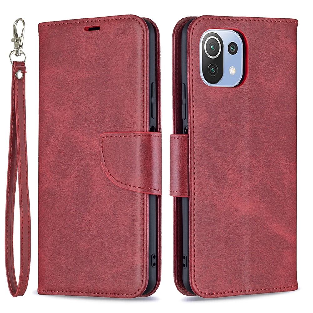 Leather Stand Wallet Phone Case with Wrist Strap for Xiaomi Mi 11 Lite 4G / 5G - Red-1