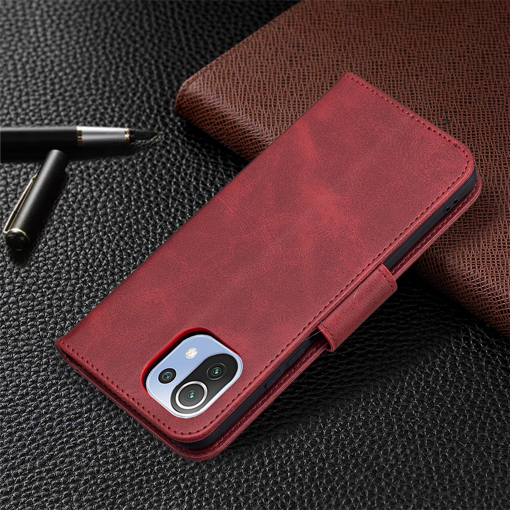 Leather Stand Wallet Phone Case with Wrist Strap for Xiaomi Mi 11 Lite 4G / 5G - Red-7