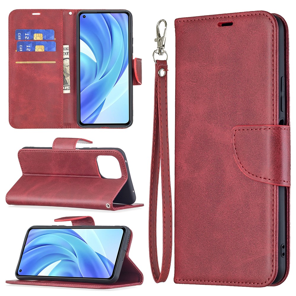 Leather Stand Wallet Phone Case with Wrist Strap for Xiaomi Mi 11 Lite 4G / 5G - Red-9