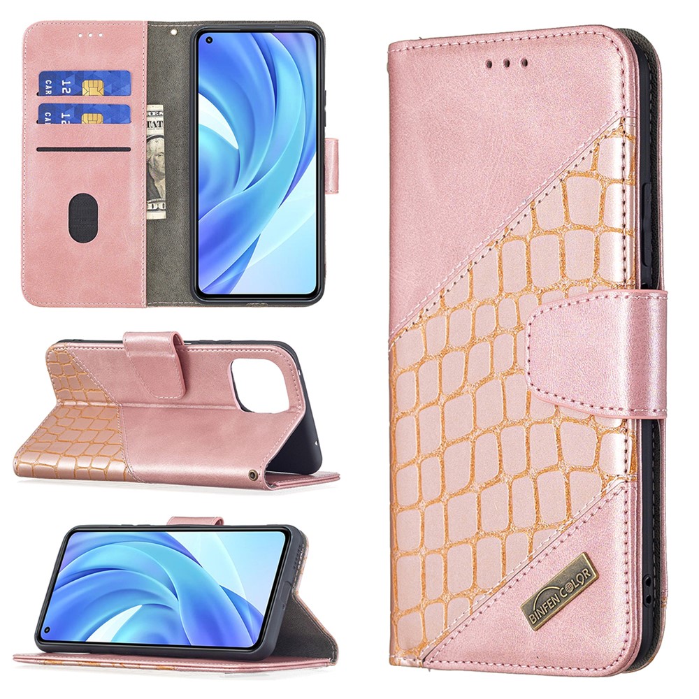 Splicing Crocodile Texture Design PU Leather Non-Slip Protective Phone Case with Magnetic Closure for Xiaomi Mi 11 Lite 5G / 4G - Rose Gold-8