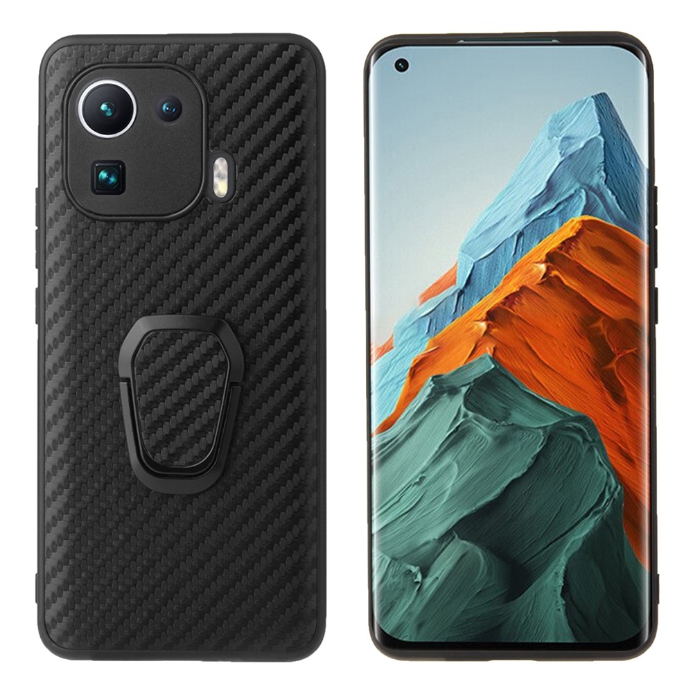 Shockproof Hybrid Slim Full Body Protective TPU + PU Leather Case with Ring Holder for Xiaomi Mi 11 Pro - Carbon Fiber Texture-1
