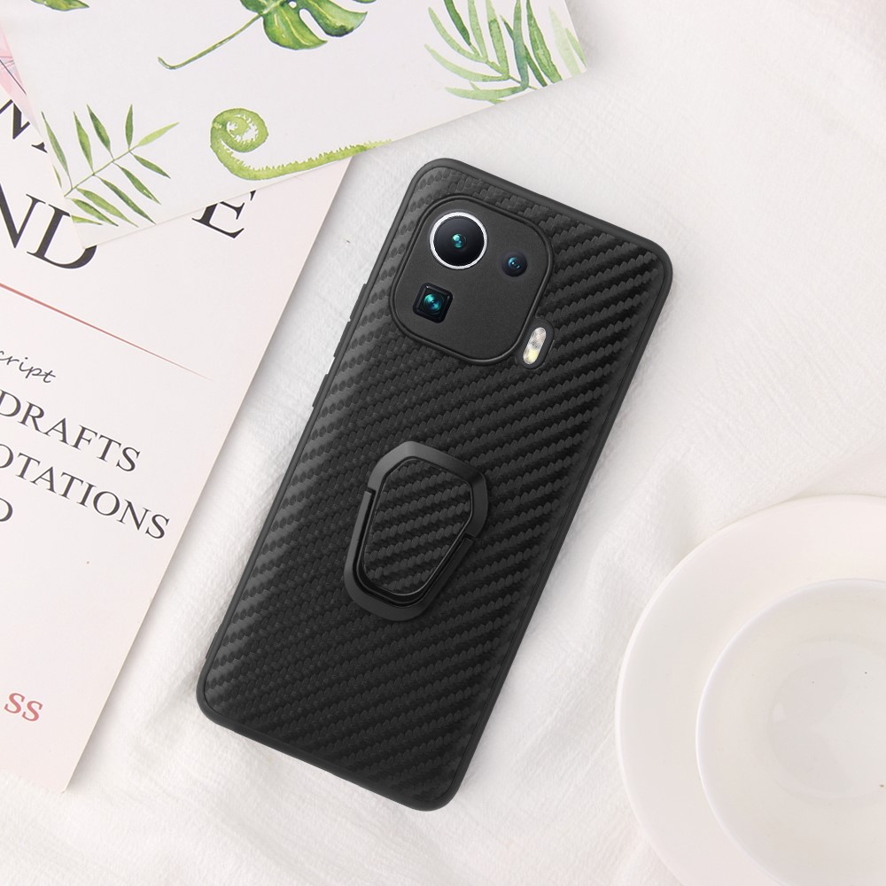 Shockproof Hybrid Slim Full Body Protective TPU + PU Leather Case with Ring Holder for Xiaomi Mi 11 Pro - Carbon Fiber Texture-10
