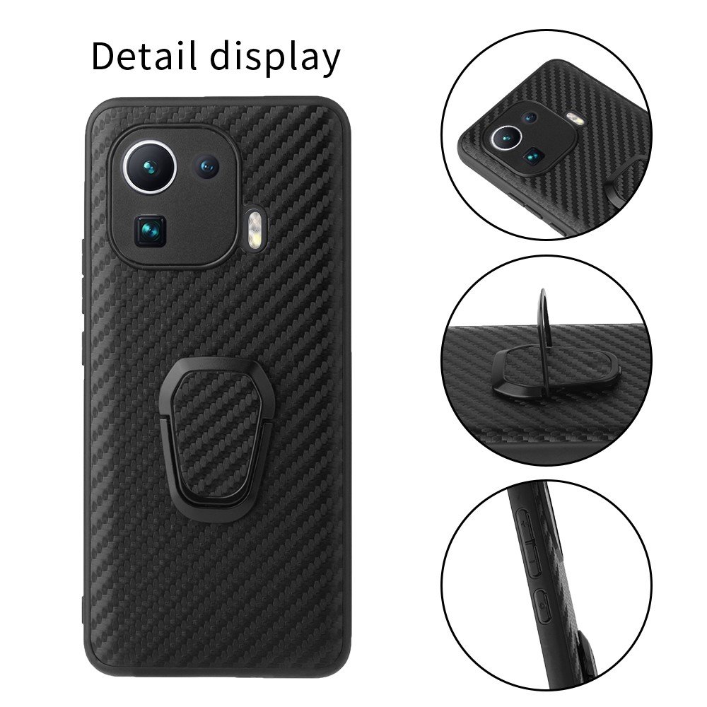Shockproof Hybrid Slim Full Body Protective TPU + PU Leather Case with Ring Holder for Xiaomi Mi 11 Pro - Carbon Fiber Texture-3