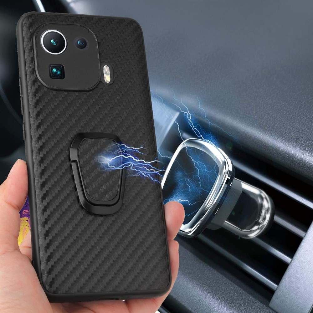 Shockproof Hybrid Slim Full Body Protective TPU + PU Leather Case with Ring Holder for Xiaomi Mi 11 Pro - Carbon Fiber Texture-4