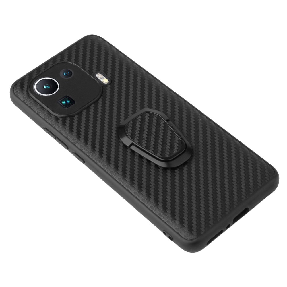 Shockproof Hybrid Slim Full Body Protective TPU + PU Leather Case with Ring Holder for Xiaomi Mi 11 Pro - Carbon Fiber Texture-5