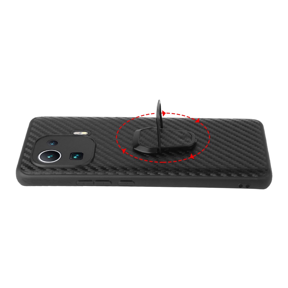 Shockproof Hybrid Slim Full Body Protective TPU + PU Leather Case with Ring Holder for Xiaomi Mi 11 Pro - Carbon Fiber Texture-6