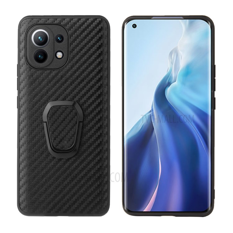 Soft Edges PU Leather +Soft TPU Anti-Drop Protection Kickstand Case for Xiaomi Mi 11 - Carbon Fiber Texture-1