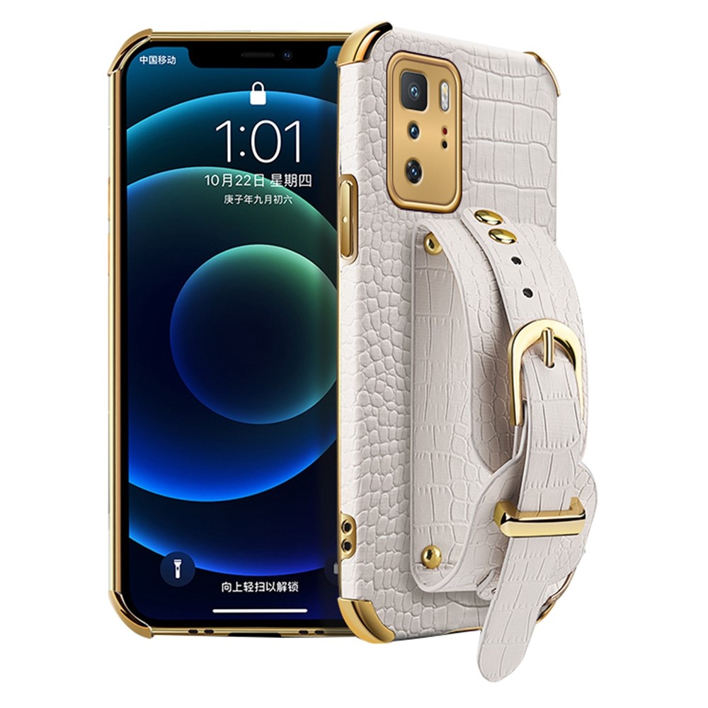 6D Crocodile Texture Precise Cut-Out PU Leather Coated TPU Electroplated Phone Case for Xiaomi Redmi Note 10 Pro 5G - White-1