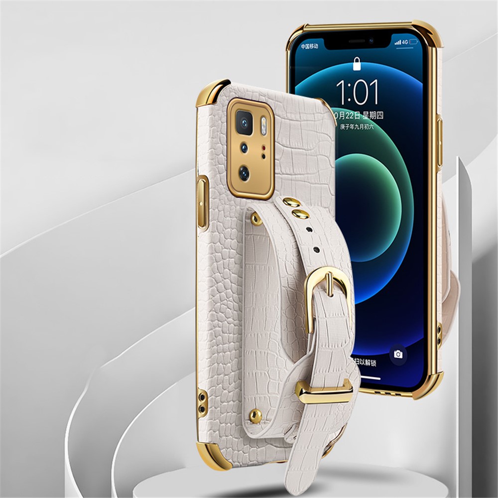 6D Crocodile Texture Precise Cut-Out PU Leather Coated TPU Electroplated Phone Case for Xiaomi Redmi Note 10 Pro 5G - White-17