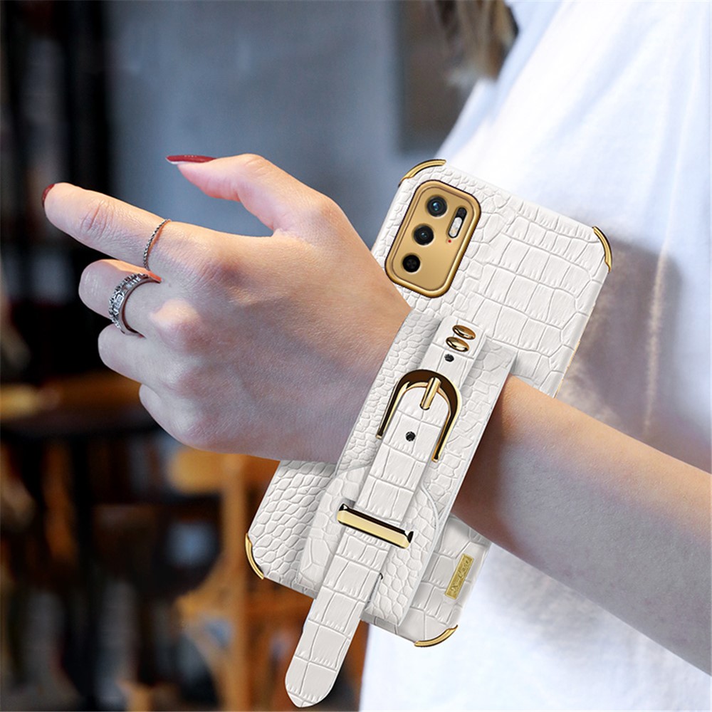 Precise Cut-Out 6D Crocodile Texture PU Leather Coated TPU Electroplated Phone Case for Xiaomi Redmi Note 10 5G/Poco M3 Pro 4G/Poco M3 Pro 5G - White-8