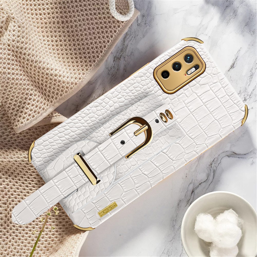 Precise Cut-Out 6D Crocodile Texture PU Leather Coated TPU Electroplated Phone Case for Xiaomi Redmi Note 10 5G/Poco M3 Pro 4G/Poco M3 Pro 5G - White-9