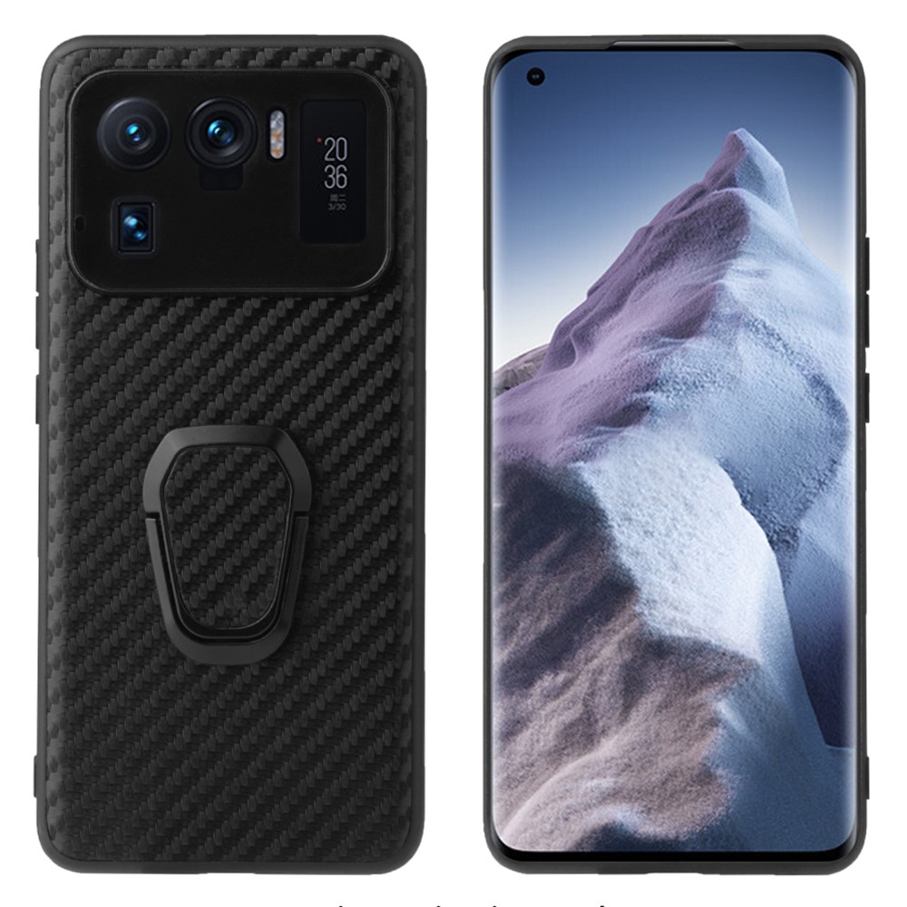 Premium PU Leather Coated Soft Back Cover with Flexible Kickstand for Xiaomi Mi 11 Ultra - Carbon Fiber Texture ??-1
