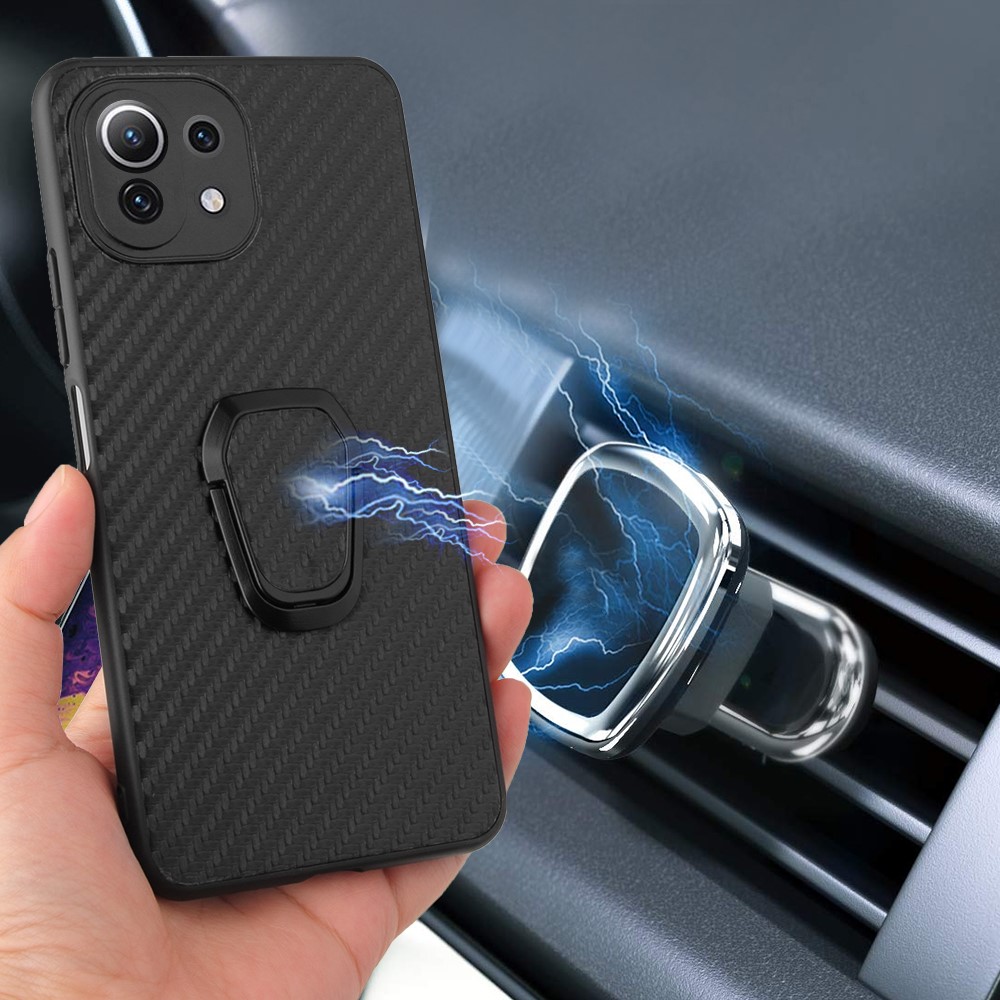 Full Body Scratch Resistant PU + TPU Ring-Shape Kickstand Protective Phone Cover for Xiaomi Mi 11 Lite 5G / 4G - Carbon Fiber Texture-3