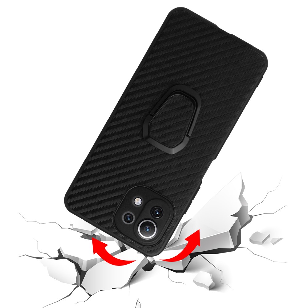 Full Body Scratch Resistant PU + TPU Ring-Shape Kickstand Protective Phone Cover for Xiaomi Mi 11 Lite 5G / 4G - Carbon Fiber Texture-6