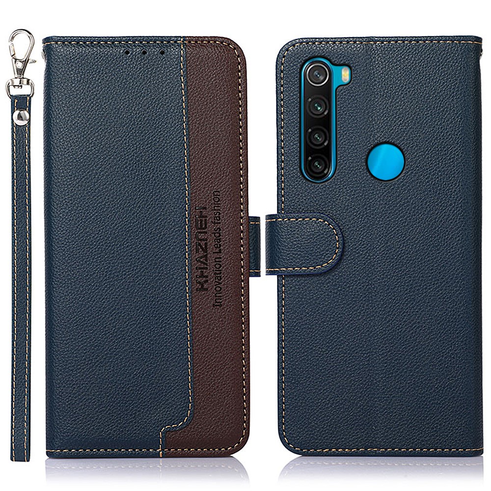KHAZNEH Litchi Texture Bi-color Splicing Leather Wallet Phone Stand Case with Anti-theft Swiping Design for Xiaomi Redmi Note 8 2021 - Blue-1