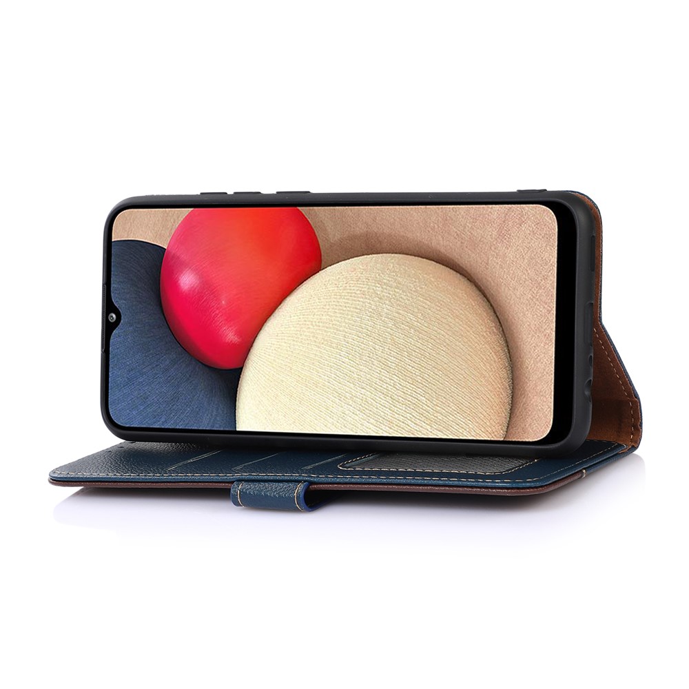 KHAZNEH Litchi Texture Bi-color Splicing Leather Wallet Phone Stand Case with Anti-theft Swiping Design for Xiaomi Redmi Note 8 2021 - Blue-4