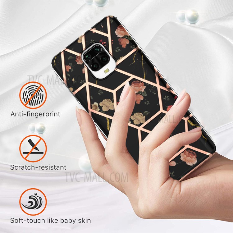 2.0mm IMD IML Electroplating Marble TPU Case Flower Pattern Phone Cover for Xiaomi Redmi Note 9S / Note 9 Pro / Note 9 Pro Max - Black Marble/Flower-2