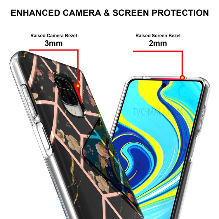 2.0mm IMD IML Electroplating Marble TPU Case Flower Pattern Phone Cover for Xiaomi Redmi Note 9S / Note 9 Pro / Note 9 Pro Max - Black Marble/Flower-4