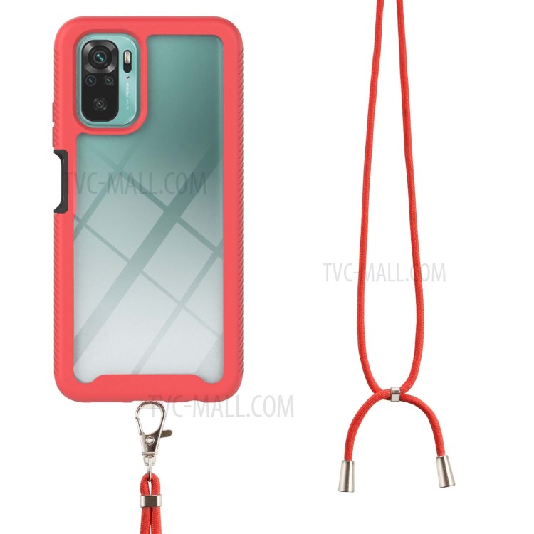Dual Layer Shockproof Hybrid Hard PC Bumper + Soft TPU Back Cover with Lanyard for Xiaomi Redmi Note 10 4G / Redmi Note 10S - Red-1