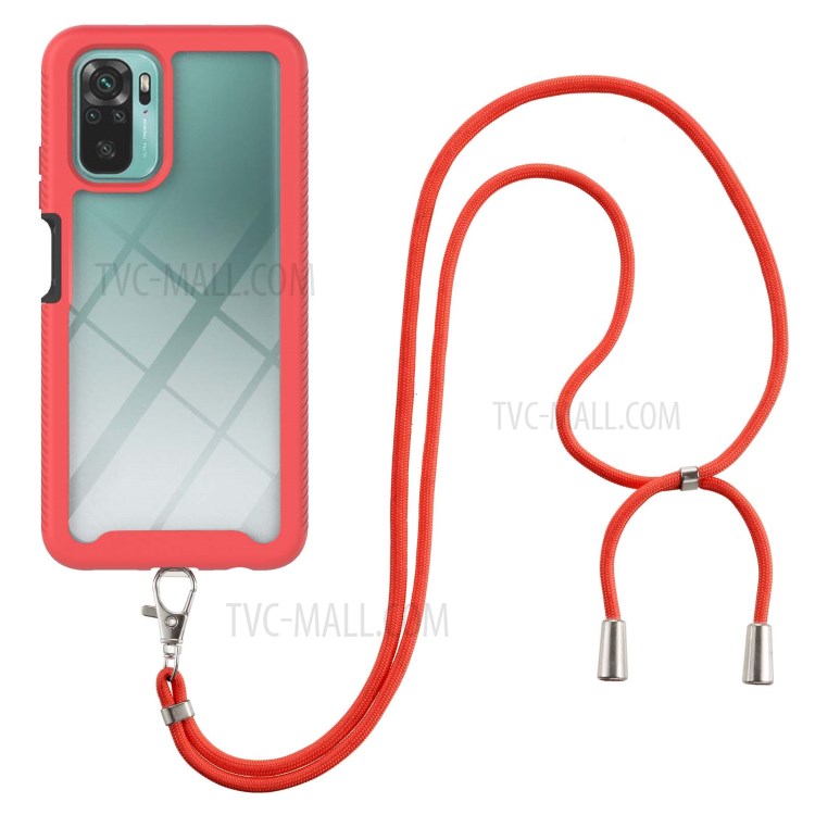Dual Layer Shockproof Hybrid Hard PC Bumper + Soft TPU Back Cover with Lanyard for Xiaomi Redmi Note 10 4G / Redmi Note 10S - Red-2