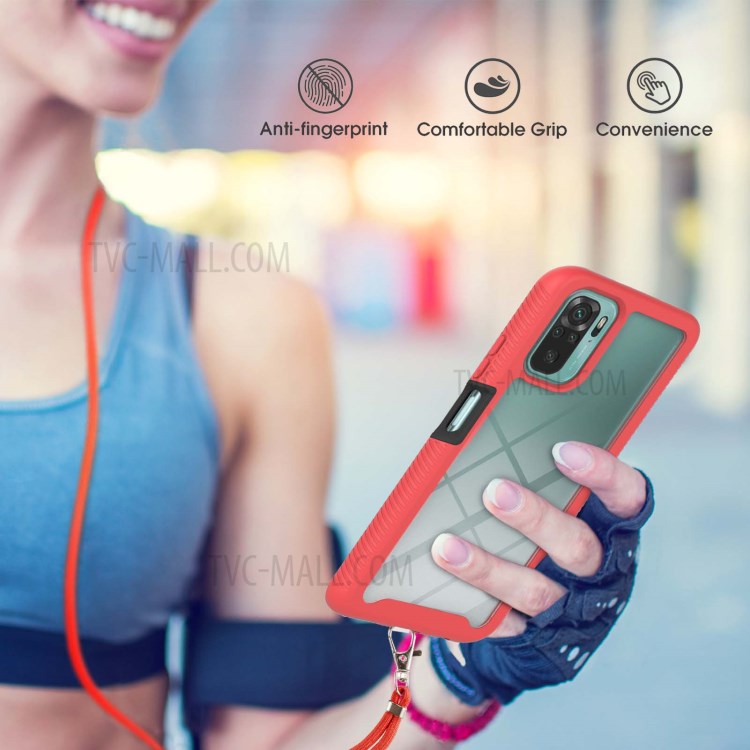 Dual Layer Shockproof Hybrid Hard PC Bumper + Soft TPU Back Cover with Lanyard for Xiaomi Redmi Note 10 4G / Redmi Note 10S - Red-3