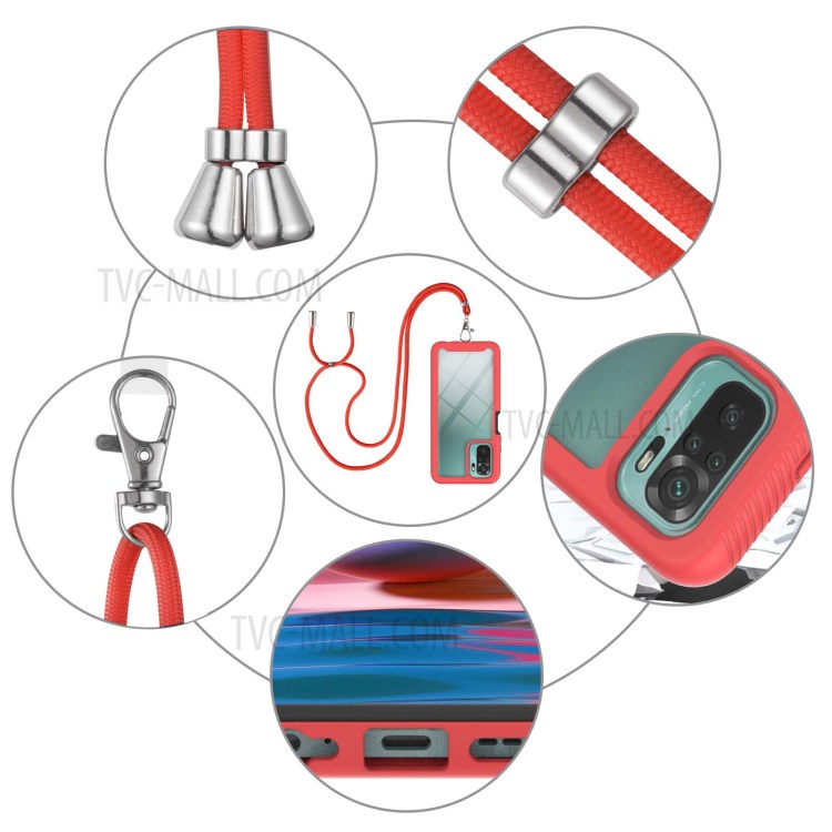 Dual Layer Shockproof Hybrid Hard PC Bumper + Soft TPU Back Cover with Lanyard for Xiaomi Redmi Note 10 4G / Redmi Note 10S - Red-5