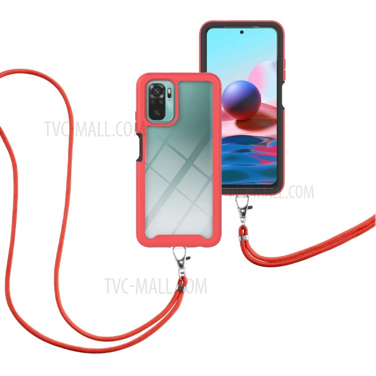 Dual Layer Shockproof Hybrid Hard PC Bumper + Soft TPU Back Cover with Lanyard for Xiaomi Redmi Note 10 4G / Redmi Note 10S - Red-6