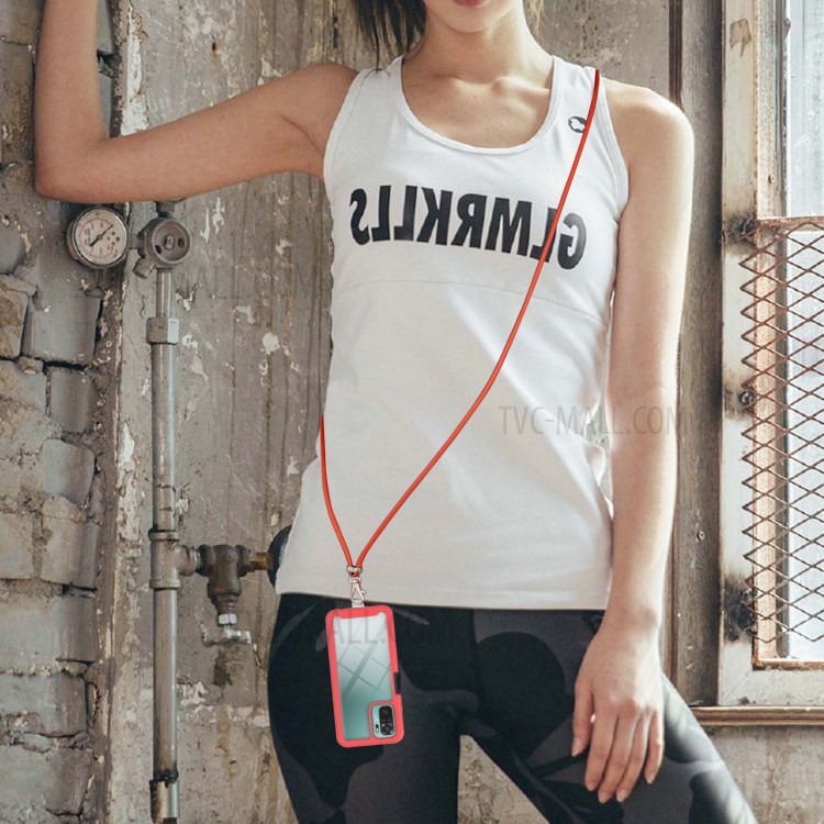 Dual Layer Shockproof Hybrid Hard PC Bumper + Soft TPU Back Cover with Lanyard for Xiaomi Redmi Note 10 4G / Redmi Note 10S - Red-7