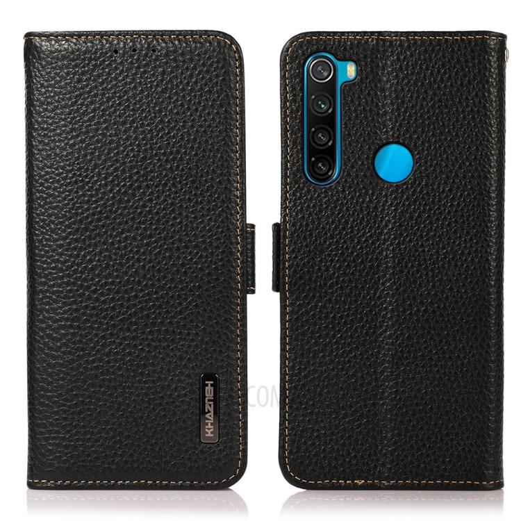KHAZNEH Litchi Texture Genuine Leather Cover Anti-theft Swiping Design Phone Case for Xiaomi Redmi Note 8 2021 - Black-1