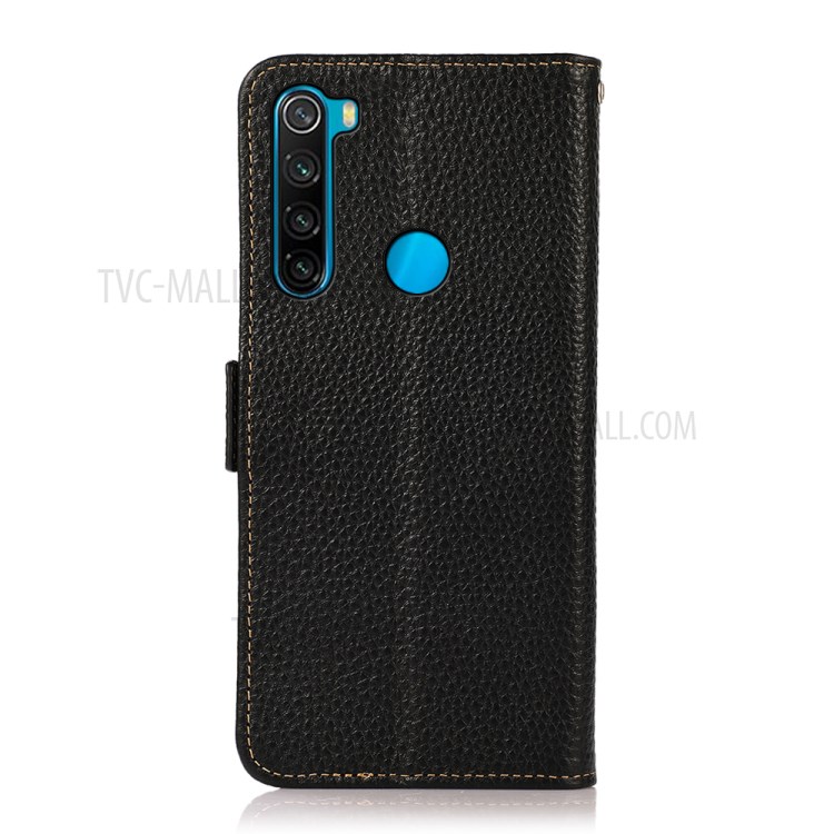 KHAZNEH Litchi Texture Genuine Leather Cover Anti-theft Swiping Design Phone Case for Xiaomi Redmi Note 8 2021 - Black-3