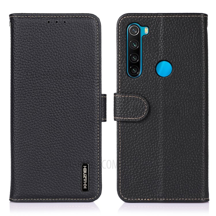KHAZNEH Litchi Texture Top Layer Genuine Leather Case Cover with Stand Wallet for Xiaomi Redmi Note 8 2021 - Black-1