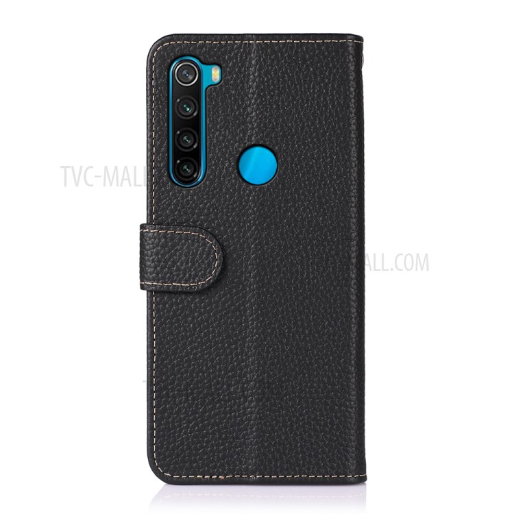 KHAZNEH Litchi Texture Top Layer Genuine Leather Case Cover with Stand Wallet for Xiaomi Redmi Note 8 2021 - Black-3