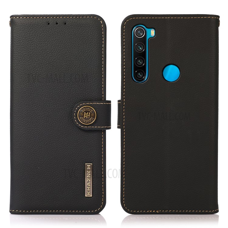 KHAZNEH Genuine Leather Phone Cover Protective Case with Anti-theft Swiping Design for Xiaomi Redmi Note 8 2021 - Black-1