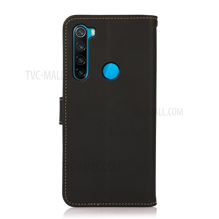 KHAZNEH Genuine Leather Phone Cover Protective Case with Anti-theft Swiping Design for Xiaomi Redmi Note 8 2021 - Black-3