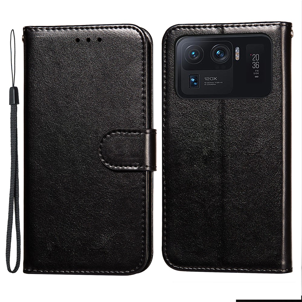 Solid Color Magnetic Clasp Leather Stand Case Wallet Cover with Strap for Xiaomi Mi 11 Ultra - Black-1