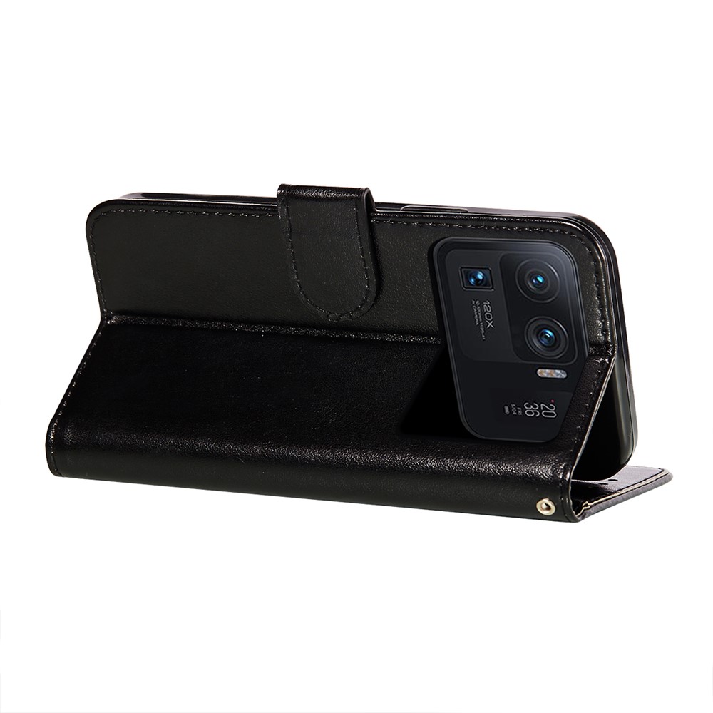 Solid Color Magnetic Clasp Leather Stand Case Wallet Cover with Strap for Xiaomi Mi 11 Ultra - Black-7
