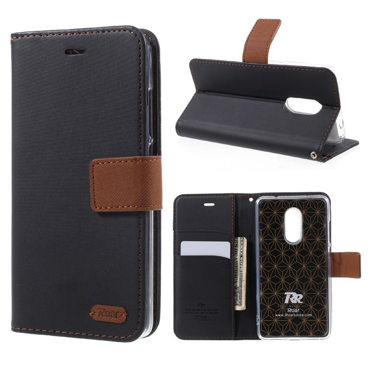 ROAR KOREA Twill Grain Leather Wallet Stand Mobile Cover for Xiaomi Redmi Note 4X - Black-1