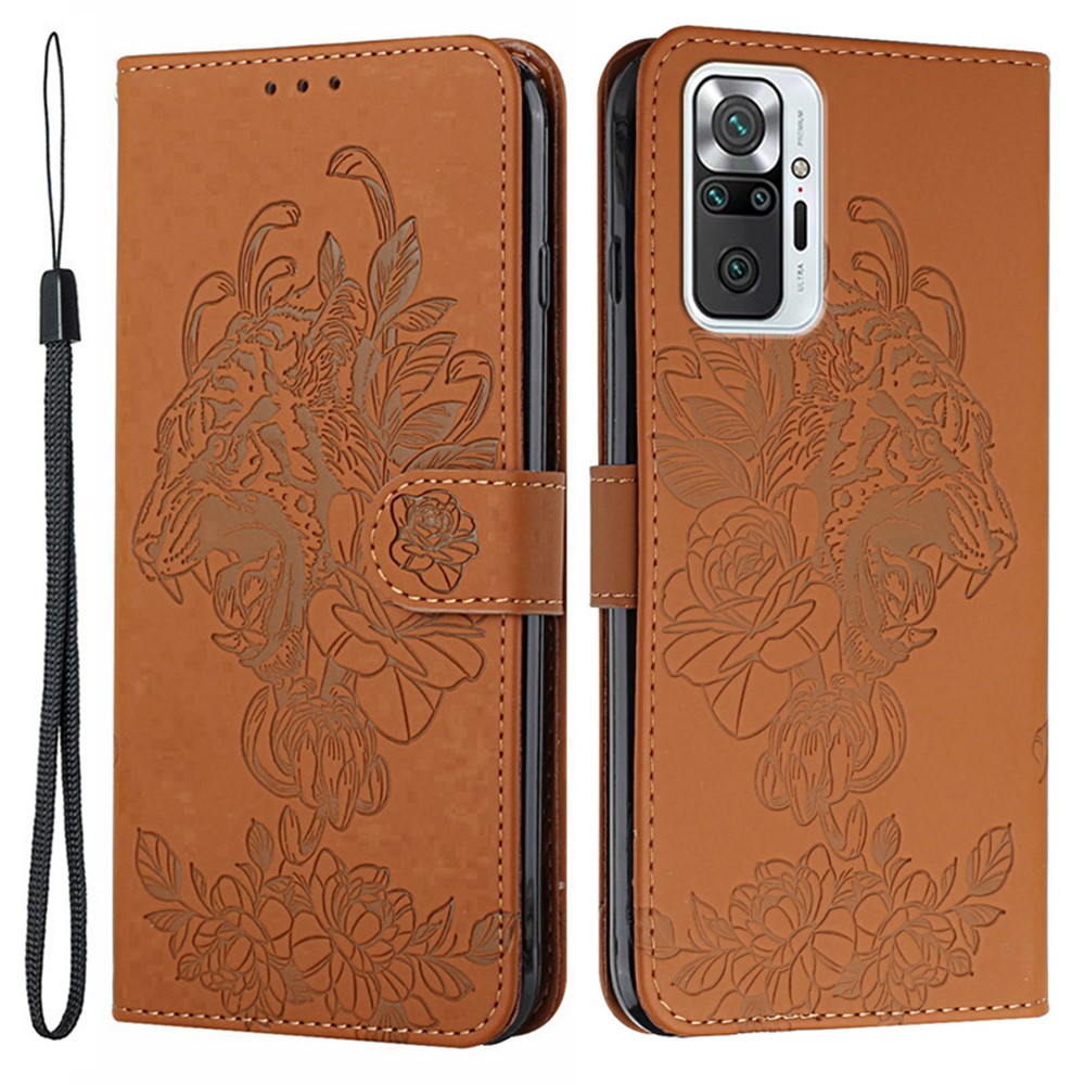 Imprint Tiger Head Flower Leather Wallet Cover Stand Case with Handy Strap for Xiaomi Redmi Note 10 Pro / Note 10 Pro Max - Brown-1