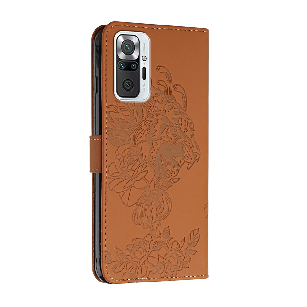 Imprint Tiger Head Flower Leather Wallet Cover Stand Case with Handy Strap for Xiaomi Redmi Note 10 Pro / Note 10 Pro Max - Brown-3