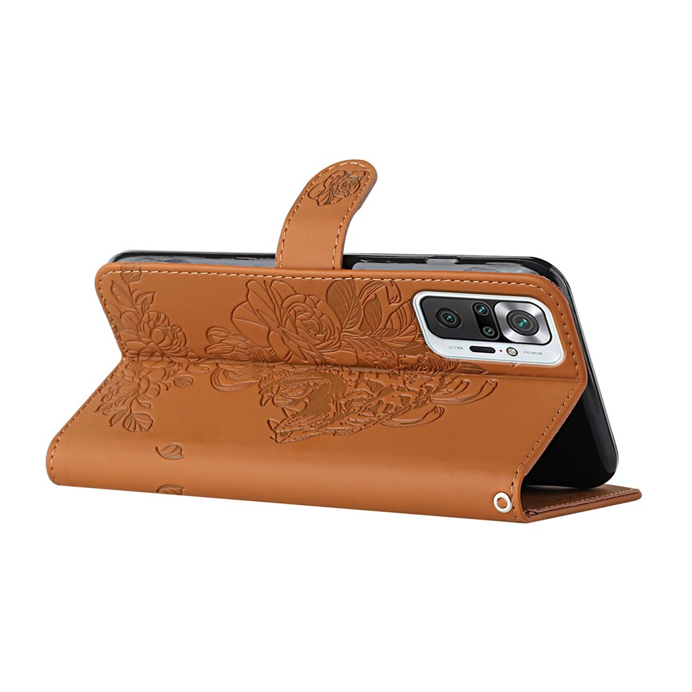 Imprint Tiger Head Flower Leather Wallet Cover Stand Case with Handy Strap for Xiaomi Redmi Note 10 Pro / Note 10 Pro Max - Brown-4
