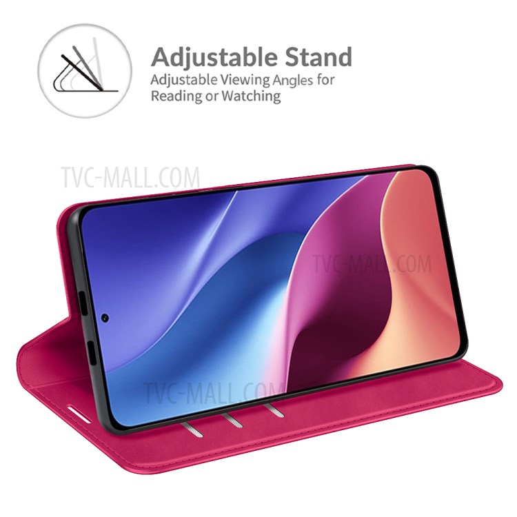 Strong Magnetic Attraction Leather Cover Folio Flip Protective Stand Case with Wallet for Xiaomi Redmi K40/K40 Pro/K40 Pro+/Poco F3/Mi 11i/Mi 11X/Mi 11X Pro - Rose-2