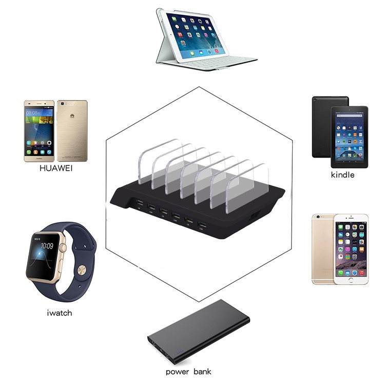 6 Ports USB Charging Station Dock Desktop Charging Stand Mount for iPhone Samsung LG - Black / EU Plug