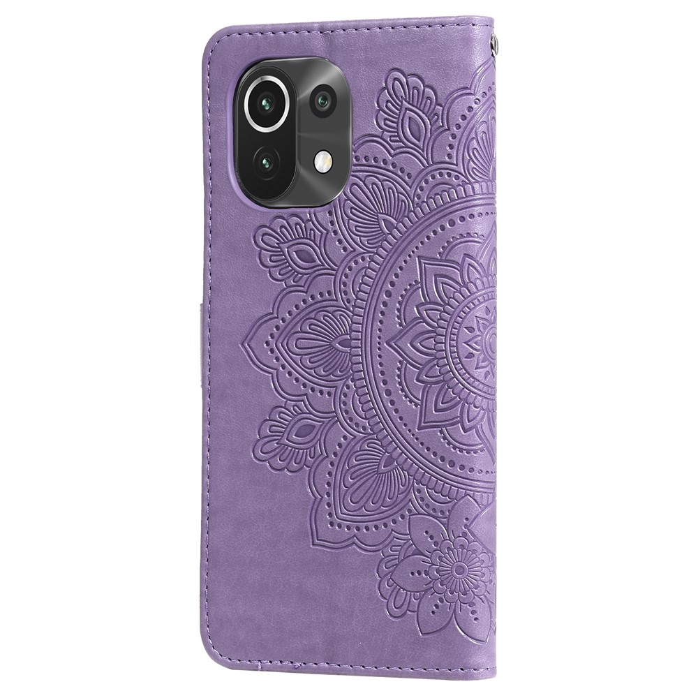 pu Leather Impresión de Flores Flowers Patrón de Billetera Case de Teléfono Con Cordón Para Xiaomi Mi 11 - Violeta