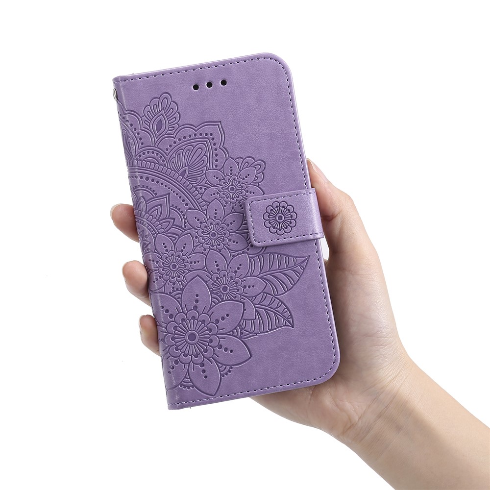 PU Leather Imprint Flowers Pattern Wallet Phone Case with Lanyard for Xiaomi Mi 11 - Purple-14