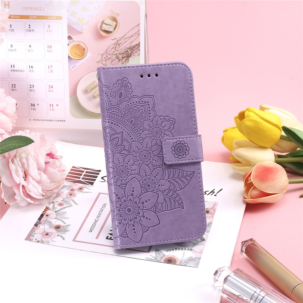 PU Leather Imprint Flowers Pattern Wallet Phone Case with Lanyard for Xiaomi Mi 11 - Purple-15