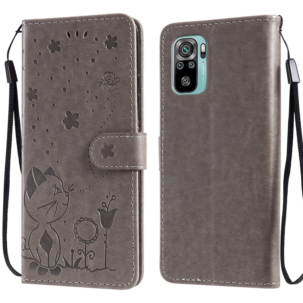 Unique Cat and Bee Pattern Imprinting Leather Wallet Phone Case with Stand for Xiaomi Redmi Note 10 4G/Note 10S - Grey-1