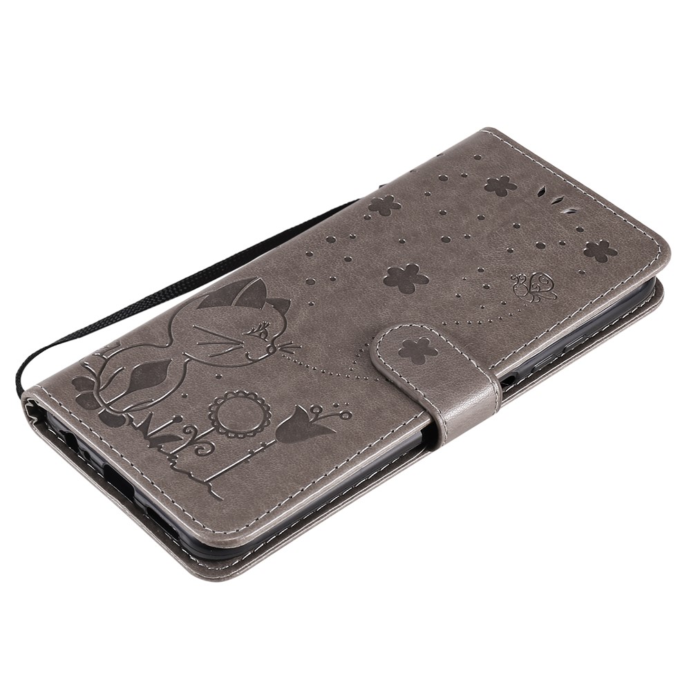 Unique Cat and Bee Pattern Imprinting Leather Wallet Phone Case with Stand for Xiaomi Redmi Note 10 4G/Note 10S - Grey-10
