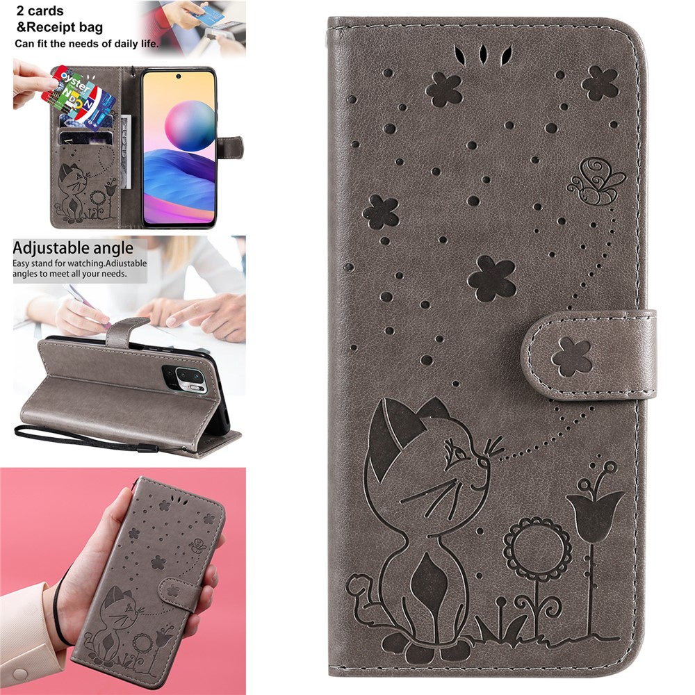 Unique Cat and Bee Pattern Imprinting Leather Wallet Phone Case with Stand for Xiaomi Redmi Note 10 4G/Note 10S - Grey-14